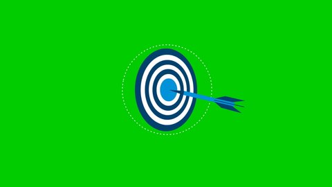 Animated blue target with a dart. Concept of marketing, result, goal, win, intention, purpose. Illustration isolated on green background.
