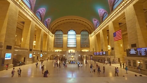 NEW YORK CITY, USA - OCT 21, 2021: Interior of Grand central station in New York City NYC. Glide dolly shot slow motion. NYC urban center, tourism destination in America, modern city USA. Manhattan 