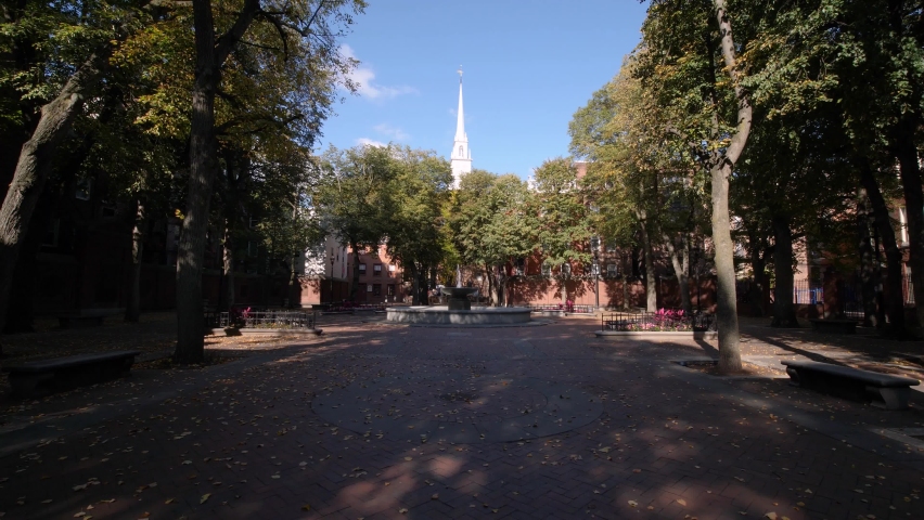 Fountain near Paul Reveres Statue. Camera comes closer to the Paul Reveres Statue.