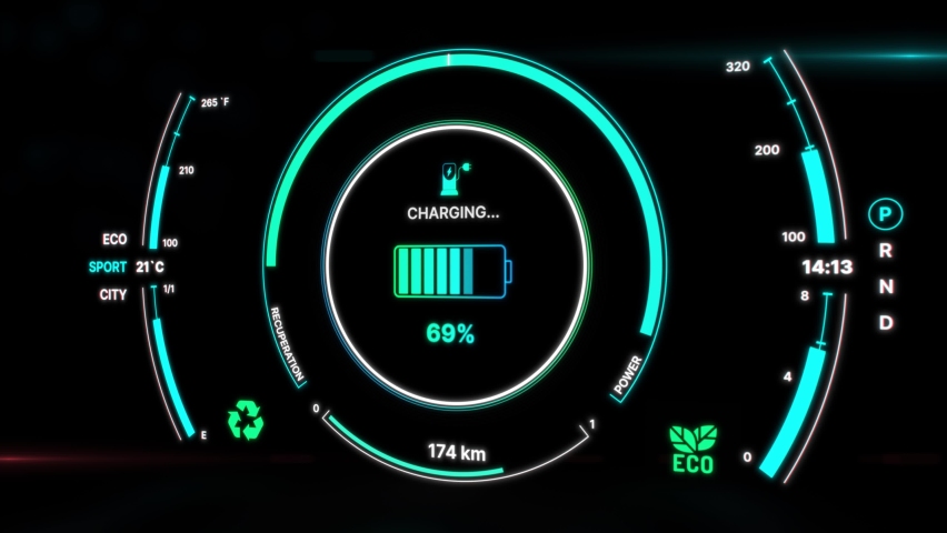 Electric car battery indicator showing an increasing battery charge. Conceptual green energy in car industry. Electric car dashboard display. Concept of the environment-friendly car. Electromobility Royalty-Free Stock Footage #1082376736