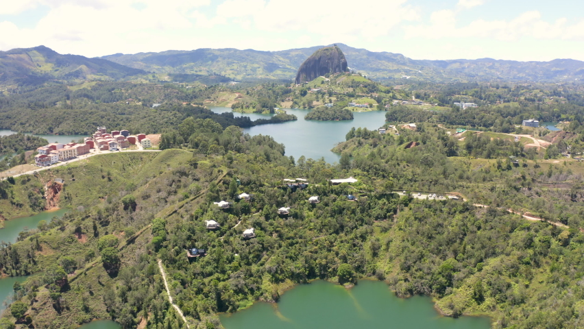 extreme wide drone shot of nature in guatape colombia