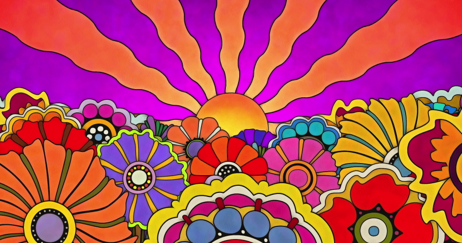 A pop art sixties or seventies style flower quickly grows and blooms in a bed of flowers with a background of wavy sun rays. Trippy, funky, groovy psychedelic pen and watercolor style animation. | Shutterstock HD Video #1082379031