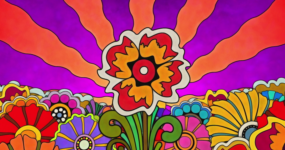 A pop art sixties or seventies style flower quickly grows and blooms in a bed of flowers with a background of wavy sun rays. Trippy, funky, groovy psychedelic pen and watercolor style animation. | Shutterstock HD Video #1082379031