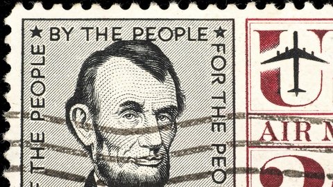 Moscow, Russia - May 15, 2021: Portrait of the president Abraham Lincoln on the postage stamp