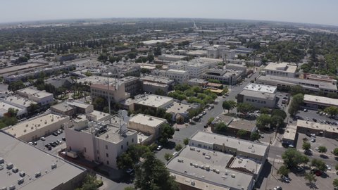 Aerial skyline view of downtown Merced, California, USA.