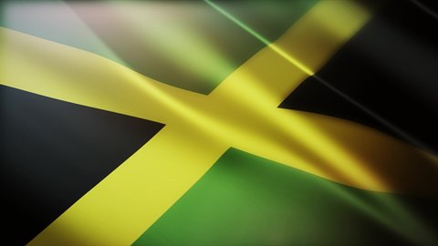 4k Jamaica National flag slow waving with visible wrinkles in Jamaican wind blue sky seamless loop background.A fully digital rendering,animation loops at 40 seconds,smooth texture. 