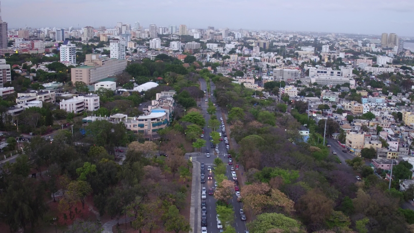 Aerial forward panoramic view of Santo Domingo urbanscape