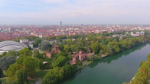 Turin: Aerial view of city in northern Italy and capital of Piedmont region in Autumn, reproduction of riverside medieval village Borgo Medievale, river Po - landscape panorama of Europe from above