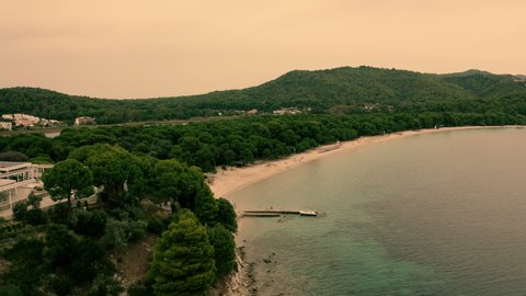 Drone flight towards the seaside in Skiathos in Greece CC