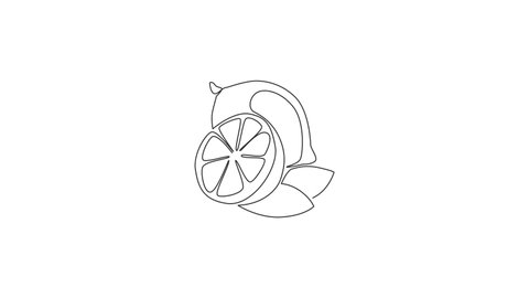 Animated self drawing of single continuous line draw whole and sliced healthy organic lemon for orchard logo identity. Fresh zest fruitage concept for fruit garden icon. Full length one line animation