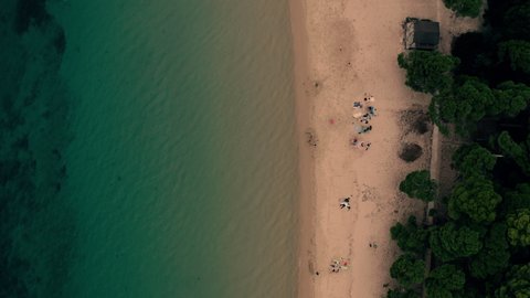Drone Top Shot above the beach in Skiathos in Greece  CC