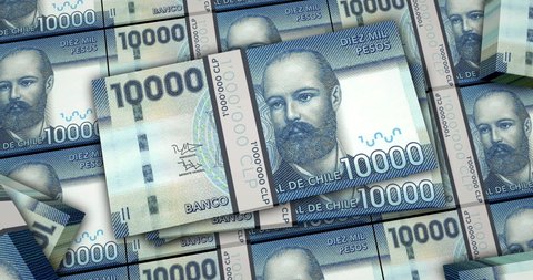 Chile Pesos banknotes 3d animation. Camera view from close to long distance. CLP money packs. Concept of inflation, economy, crisis, business, banking, debt and finance.