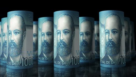 Chile Pesos money rolls loop 3d animation. Camera moving in front of the CLP rolling banknotes. Seamless loopable concept of economy, finance, business and debt.