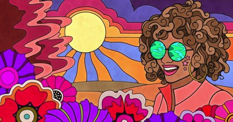 A woman in a retro pop art landscape with bright burst of sun and flowers. Created in a watercolor and ink pop art style reminiscent of 1960s and 1970s psychedelic artwork and animation.