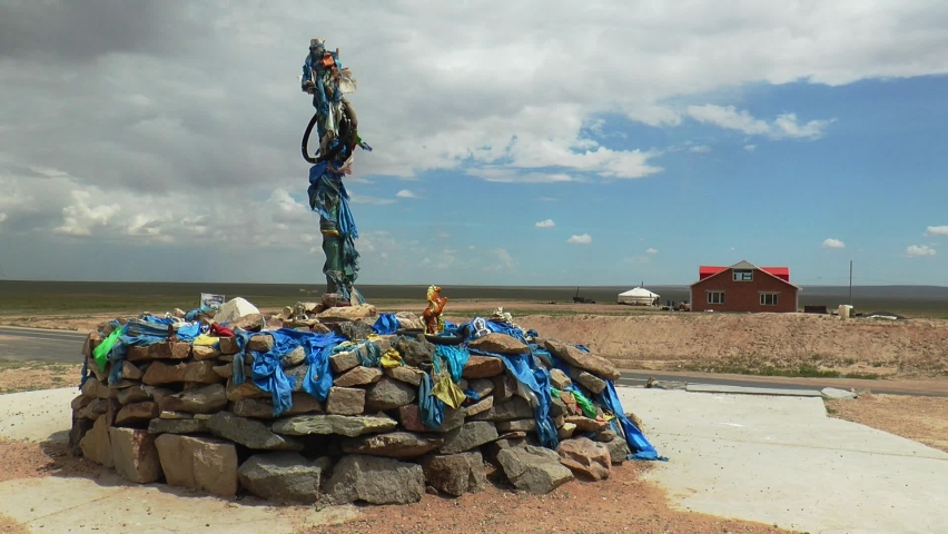 A ritual pile of stones (Oovoo, obo, or obo) in the Gobi Desert, Mongolia.