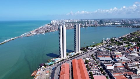 Skyline city of Recife Pernambuco. Recife Brazil. Panoramic aerial view of landmark coast avenue and buildings of brazilian coastal city of northeast Brazil. Recife, Pernambuco, Brazil. Recife Brazil.