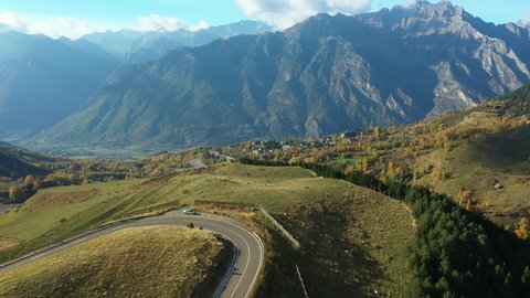 Mountainous landscape in the area of the Town of Cerler, Huesca. Mountains in the Pyrenees seen from a drone.