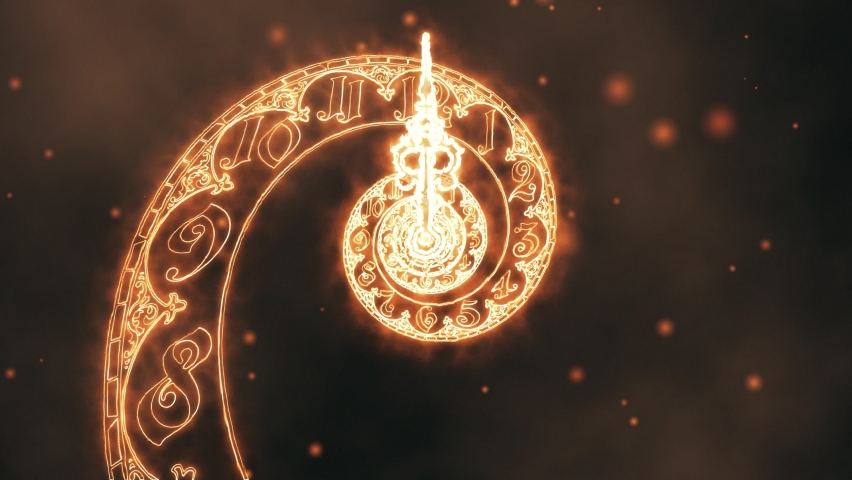 Classic fire spiral dial endlessly moving towards the camera.The arrows describe a full circle . It symbolizes the infinity of time. Against the background of smoke and sparks. 3D render Royalty-Free Stock Footage #1082412616