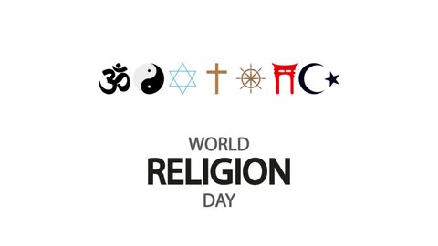 World religion day with icons and symbols, art video illustration.