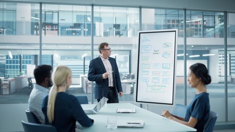 Company Operations Manager Holds Meeting Presentation for a Team of Economists. Adult Male Uses Digital Whiteboard with Company Project Management Plan, Charts, Data. People Work in Business Office.