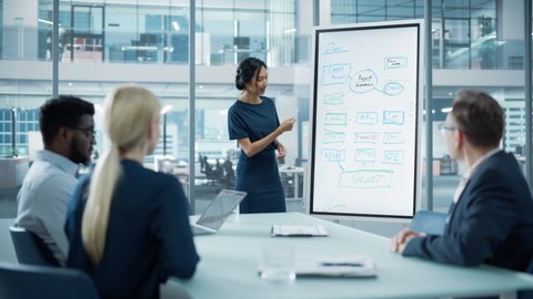Female Operations Manager Holds Meeting Presentation for a Team of Economists. Asian Woman Uses Digital Whiteboard with Company Project Management Plan, Charts, Data. People Work in Business Office.