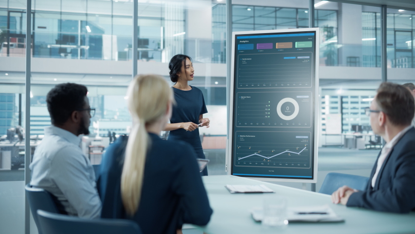 Female Operations Manager Holds Meeting Presentation for a Team of Economists. Asian Woman Uses Digital Whiteboard with Growth Analysis, Charts, Statistics and Data. People Work in Business Office. Royalty-Free Stock Footage #1082416861