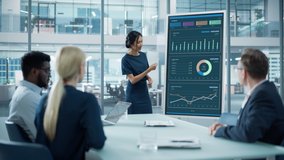 Female Operations Manager Holds Meeting Presentation for a Team of Economists. Asian Woman Uses Digital Whiteboard with Growth Analysis, Charts, Statistics and Data. People Work in Business Office. - Powered by Shutterstock - Get 15% off with code: PIKWIZARD15
