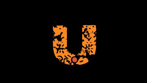 Letter U. 4K, Transparent Alpha channel. Cartoon Animation, Shake twitch effect. Ethnic ornament, national folk pattern in letter. 3 colors. Capital Letter U for ABC education, erudition, game.
