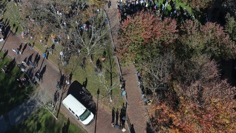 Drone footage over the Boston Common during a rally