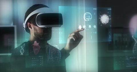 Virtual or Augmented Reality Concept: Caucasian Businessman Using futuristic glasses. Medical animations appearing: MRI, DNA, Brain, Heart and Cell Animations.