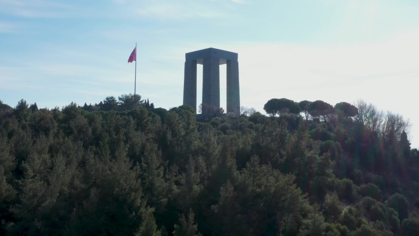 The Canakkale Martyrs Memorial is a war memorial commemorating the service of Turkish soldiers who participated in the Battle of Gallipoli.  Royalty-Free Stock Footage #1082423965