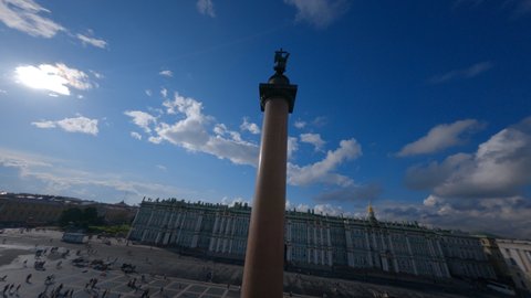 Fpv. Angel on top of Alexander Column in the Palace Square. Saint Petersburg. Russia.
