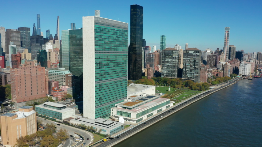 Sunny flying counter clockwise around United Nations Headquarters in NYC