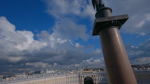 Fpv. Angel on top of Alexander Column in the Palace Square. Saint Petersburg. Russia.