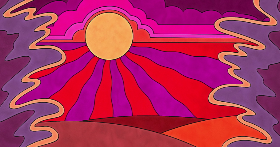 A sixties style groovy psychedelic pop art landscape background with wavy abstract trees, clouds, sun, rays, and rolling hills. Deep red and purple color palette and saturated hues. Royalty-Free Stock Footage #1082427448