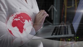 Animation of arrows and globe over caucasian female it engineer checking computer servers. data processing, cloud computing concept and technology concept digitally generated video.