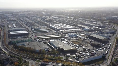 France, Paris suburbs, Rungis international market, the world's biggest food and fresh produce destination for wholesalers and traders. Backward drone aerial view above the warehouses