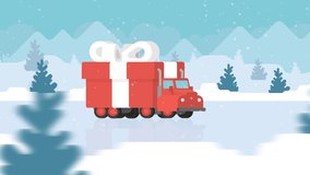 Deliver of Christmas gift package box on a red car truck on snow winter forest road. Loop flat design 2d 4k Animation illustration cartoon. Snowfall countryside outdoor background. - Powered by Shutterstock - Get 15% off with code: PIKWIZARD15