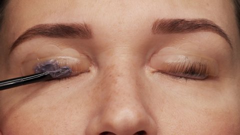 Woman face on modern eyelash lamination procedure in a professional beauty salon. Master applies special glue before the eyelash curling procedure, close up. Beauty salon.