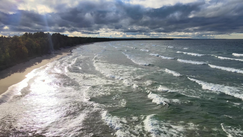 The shore of Lake Superior. Upper Peninsula of Michigan Aerial drone footage. 