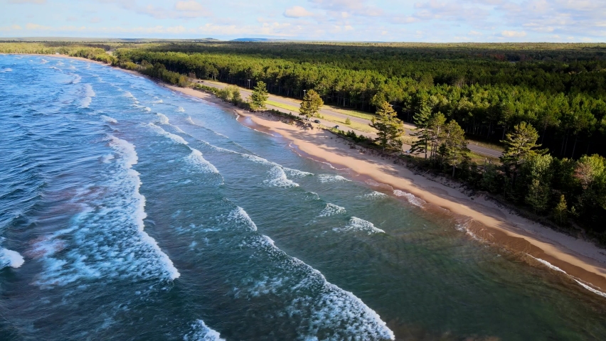The shore of Lake Superior. Upper Peninsula of Michigan Aerial drone footage.  Royalty-Free Stock Footage #1082441221