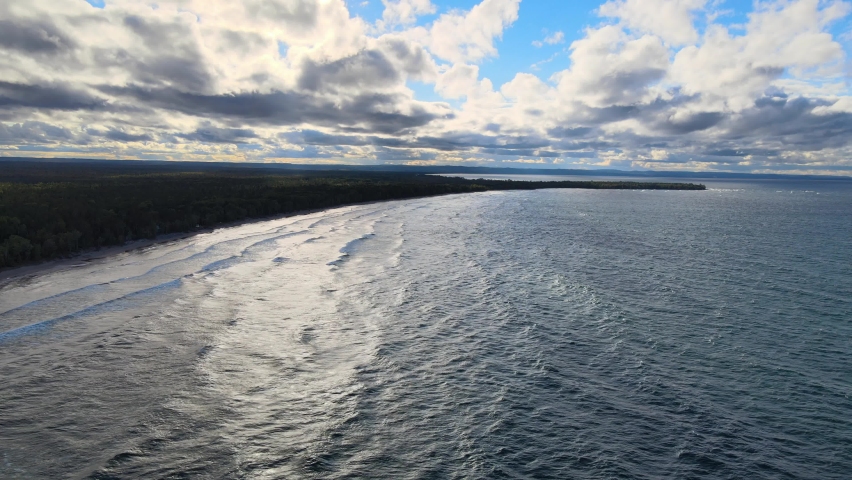 The shore of Lake Superior. Upper Peninsula of Michigan Aerial drone footage. 