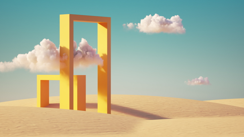 3d animation, Surreal desert landscape with white clouds going into the yellow square portal on sunny day. Modern minimal abstract background | Shutterstock HD Video #1082442430