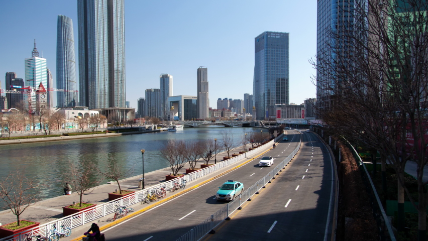 Tianjin Center Heping District at River in China Timelapse