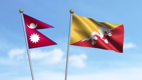 Nepal, Bhutan, 3D flags of Nepal and Bhutan waving in the wind on sky background.