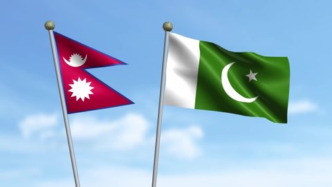 Nepal, Pakistan, 3D flags of Nepal and Pakistan waving in the wind on sky background.