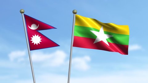 Nepal, Myanmar, 3D flags of Nepal and Myanmar waving in the wind on sky background.