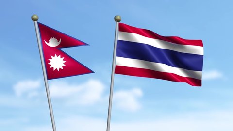 Nepal, Thailand, 3D flags of Nepal and Thailand waving in the wind on sky background.
