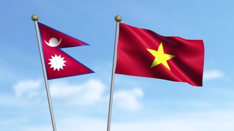 Nepal, Vietnam, 3D flags of Nepal and Vietnam waving in the wind on sky background.