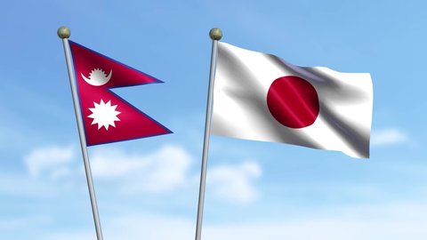 Nepal, Japan, 3D flags of Nepal and Japan waving in the wind on sky background.